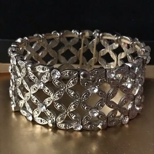 Vintage Silver Rhinestone Stretch Cuff Bracelet